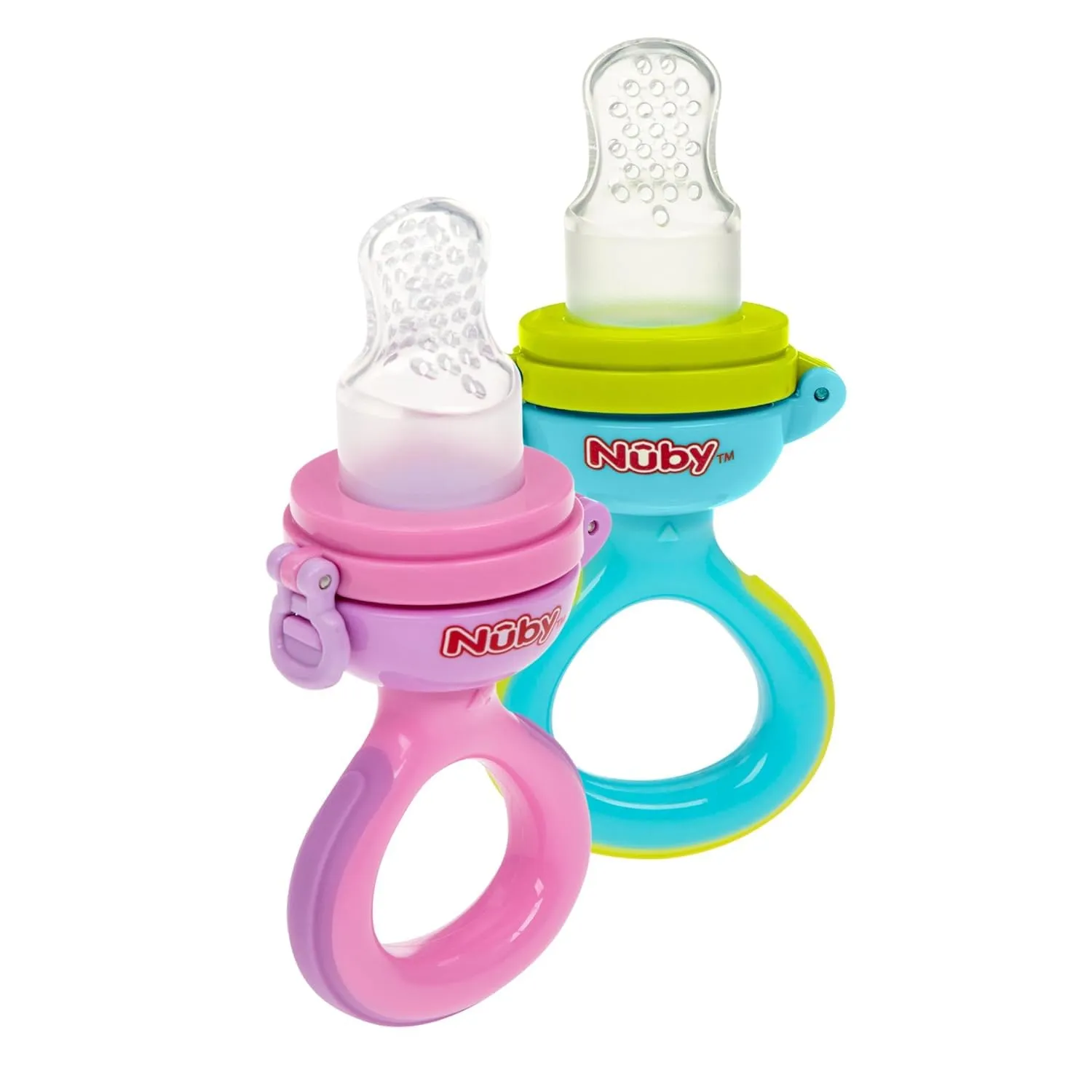 Nuby Baby’s First Food Dispenser with Hygienic Cover | Baby’s First Soft Foods and Teething | 2 Pack: Aqua & Blue or Pink & Aqua | Twist n' Feed | Promotes Self Feeding |10  Months