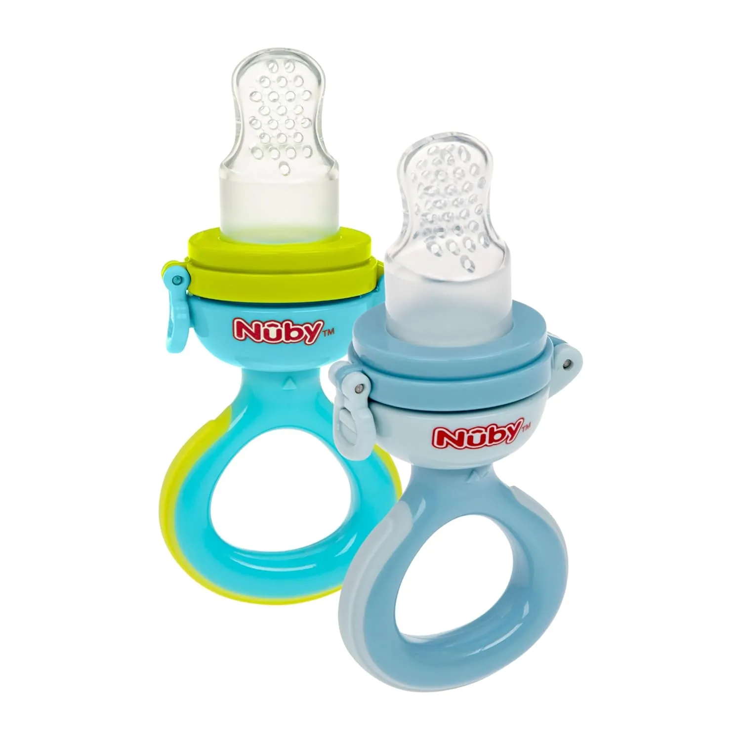 Nuby Baby’s First Food Dispenser with Hygienic Cover | Baby’s First Soft Foods and Teething | 2 Pack: Aqua & Blue or Pink & Aqua | Twist n' Feed | Promotes Self Feeding |10  Months