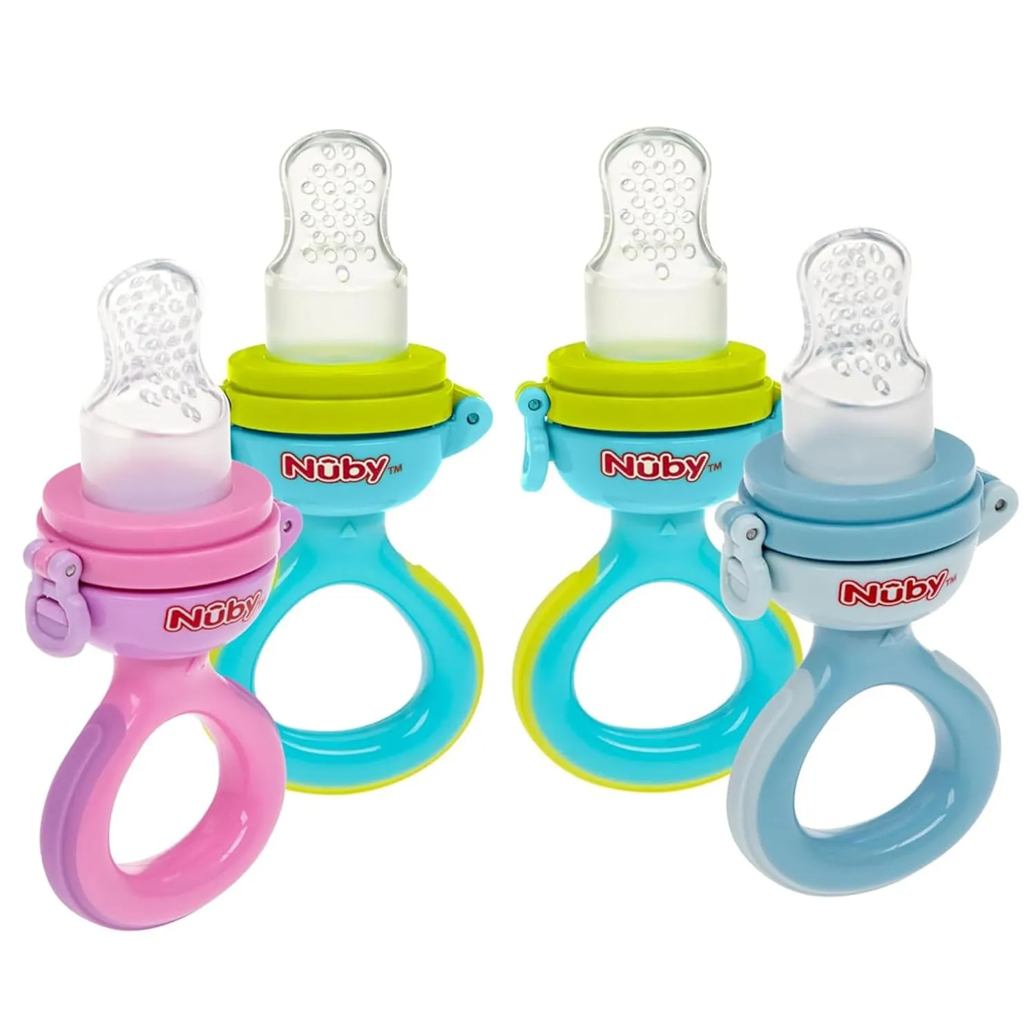 Nuby Baby’s First Food Dispenser with Hygienic Cover | Baby’s First Soft Foods and Teething | 2 Pack: Aqua & Blue or Pink & Aqua | Twist n' Feed | Promotes Self Feeding |10  Months
