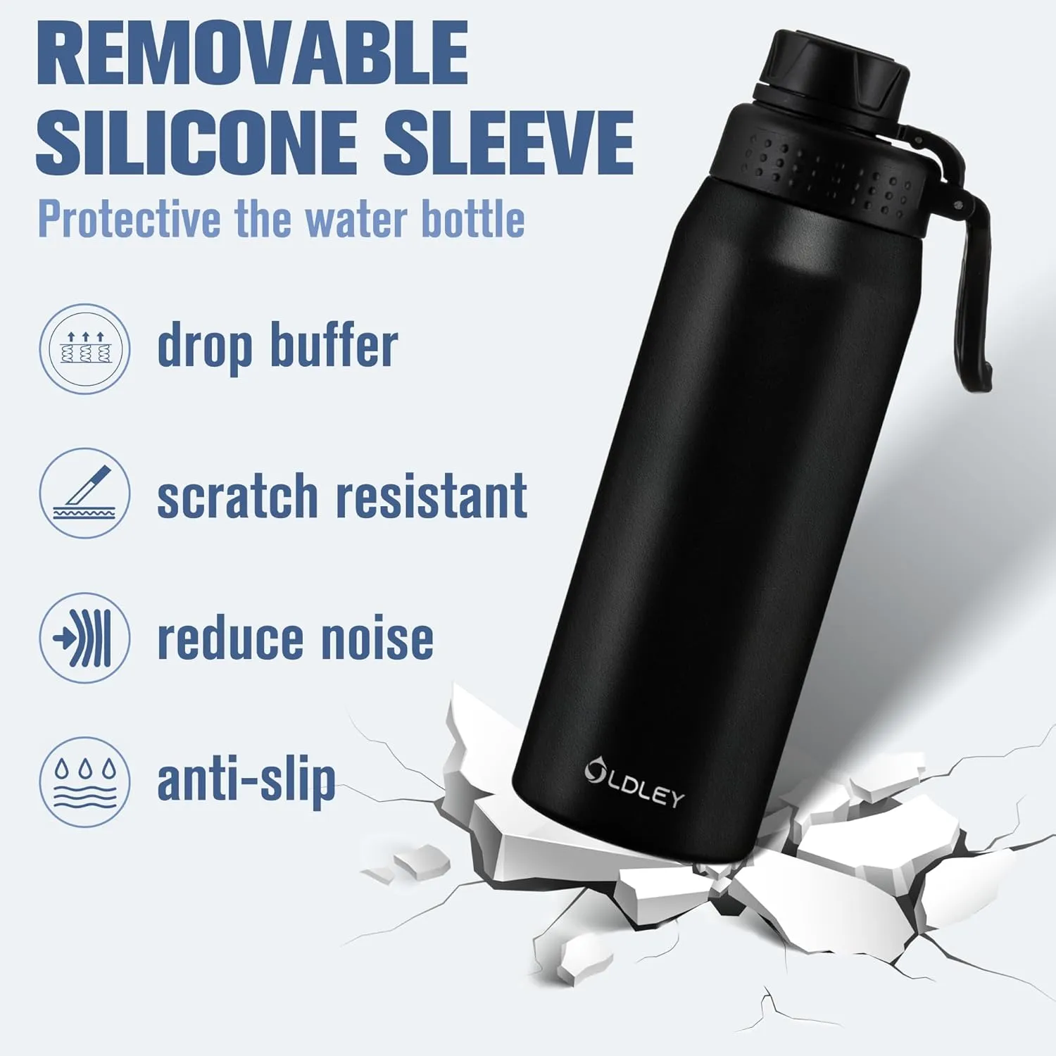 OLDLEY 24 oz Insulated Water Bottle With Straw, Stainless Steel Sports Water Cup Flask with 3 Lids(Straw, Spout and Handle Lid) Double Walled Travel Thermal Canteen Mug,Black