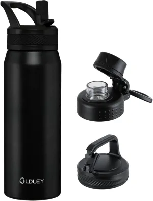 OLDLEY 24 oz Insulated Water Bottle With Straw, Stainless Steel Sports Water Cup Flask with 3 Lids(Straw, Spout and Handle Lid) Double Walled Travel Thermal Canteen Mug,Black