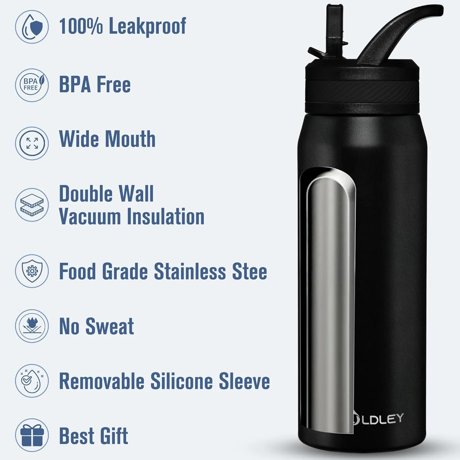 OLDLEY 24 oz Insulated Water Bottle With Straw, Stainless Steel Sports Water Cup Flask with 3 Lids(Straw, Spout and Handle Lid) Double Walled Travel Thermal Canteen Mug,Black