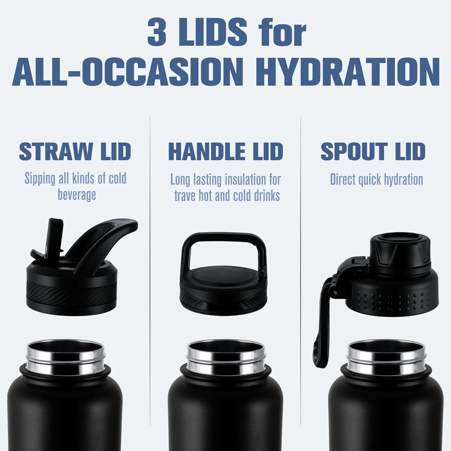 OLDLEY 24 oz Insulated Water Bottle With Straw, Stainless Steel Sports Water Cup Flask with 3 Lids(Straw, Spout and Handle Lid) Double Walled Travel Thermal Canteen Mug,Black