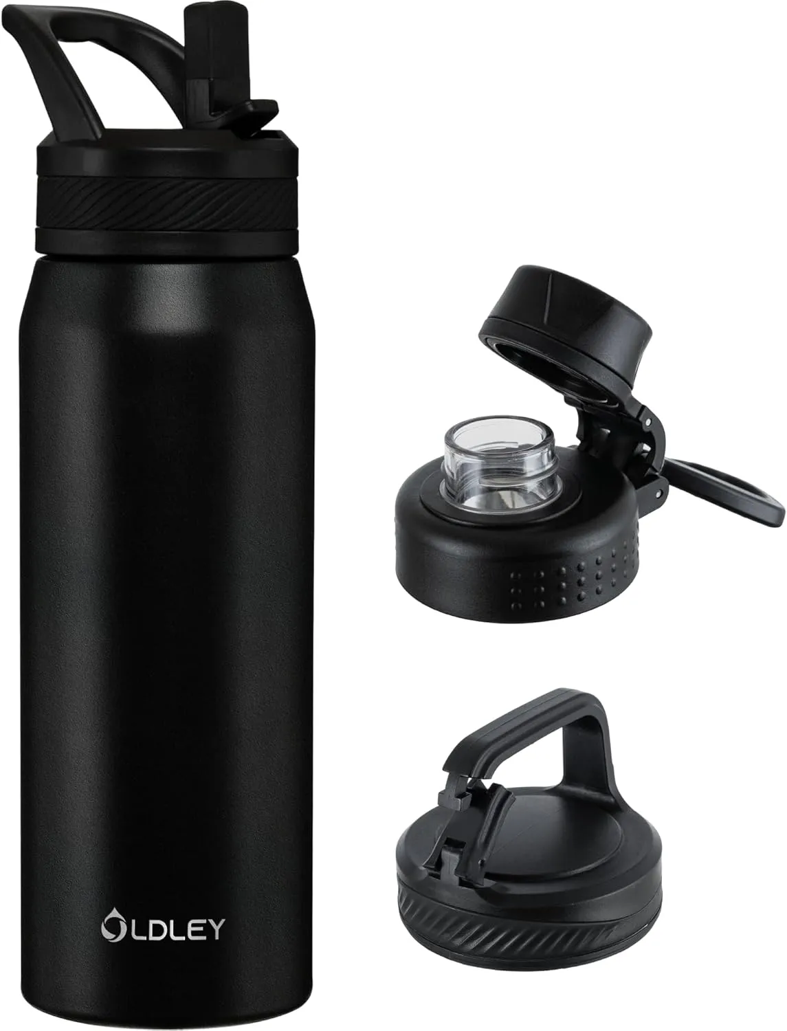 OLDLEY 24 oz Insulated Water Bottle With Straw, Stainless Steel Sports Water Cup Flask with 3 Lids(Straw, Spout and Handle Lid) Double Walled Travel Thermal Canteen Mug,Black