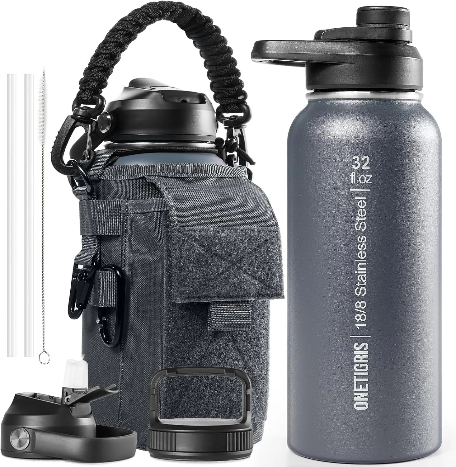 OneTigris 32 oz Insulated Water Bottle with Straw - Tactical Stainless Steel Water Jug, Leakproof Thermos Wide Mouth Sport bottle with 3 Lids and Sleeve for Travel, Gym, Camping, Hiking
