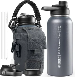OneTigris 32 oz Insulated Water Bottle with Straw - Tactical Stainless Steel Water Jug, Leakproof Thermos Wide Mouth Sport bottle with 3 Lids and Sleeve for Travel, Gym, Camping, Hiking