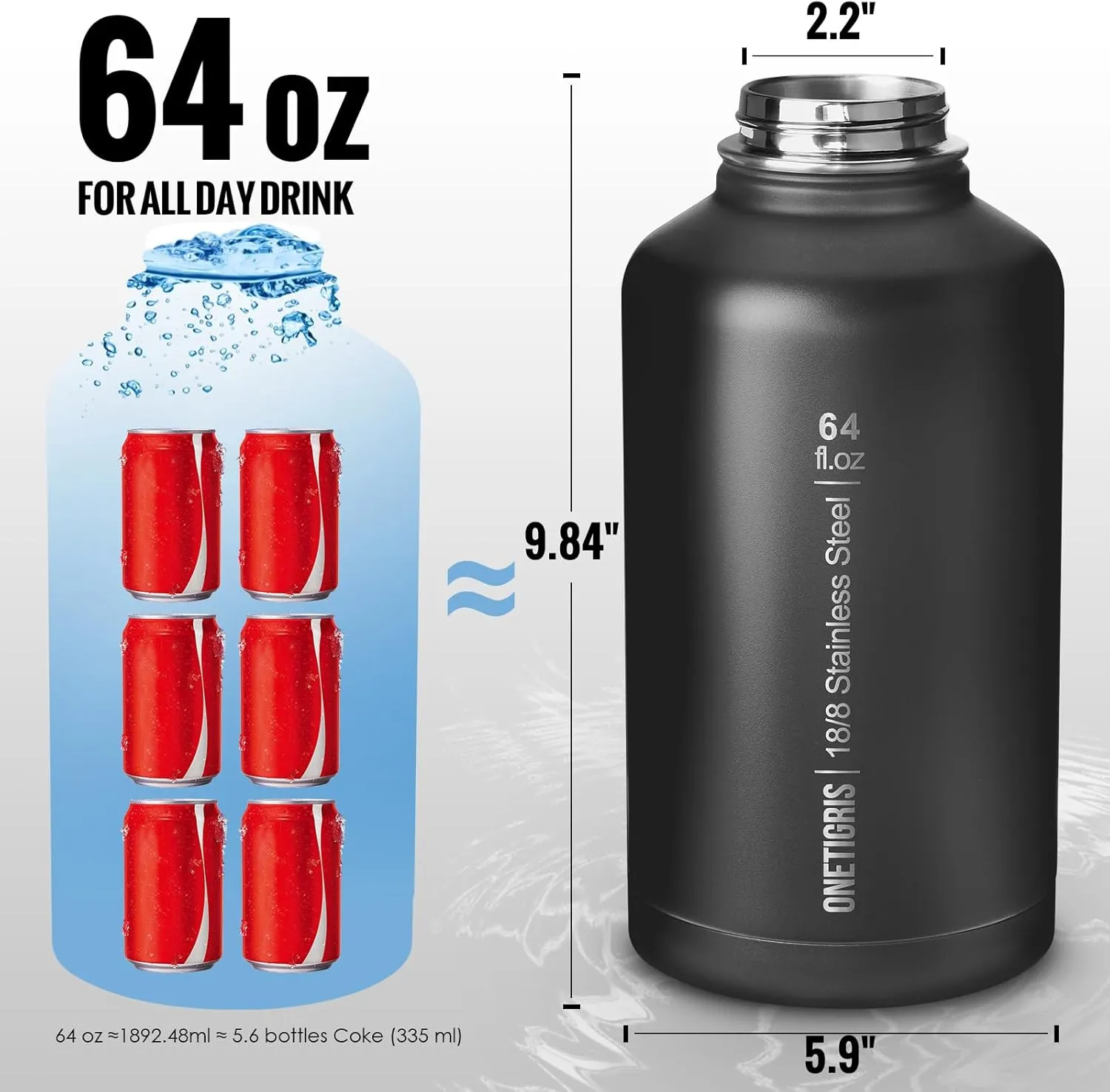 OneTigris Tactical Half Gallon Water Bottle with Straw - 64 oz Vacuum Insulated Stainless Steel Water Jug, Leakproof Sport Bottle with 3 BPA Free Lids, Paracord Handle & MOLLE Water Pouch for Outdoor
