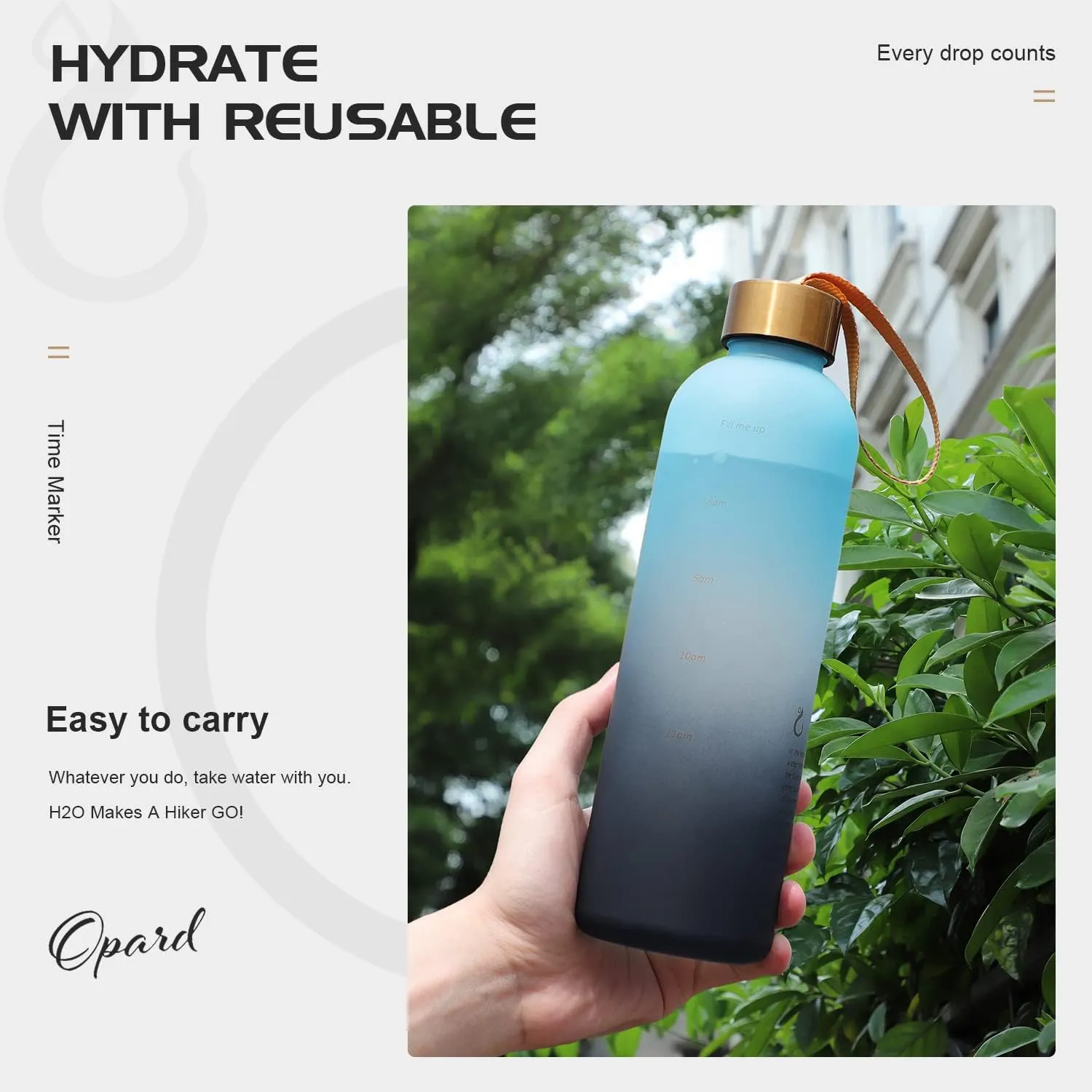 Opard 27oz/32oz Motivational Water Bottle with Time Marker to Drink, Reusable Plastic Bottle with BPA Free Tritan for Gym and Sports