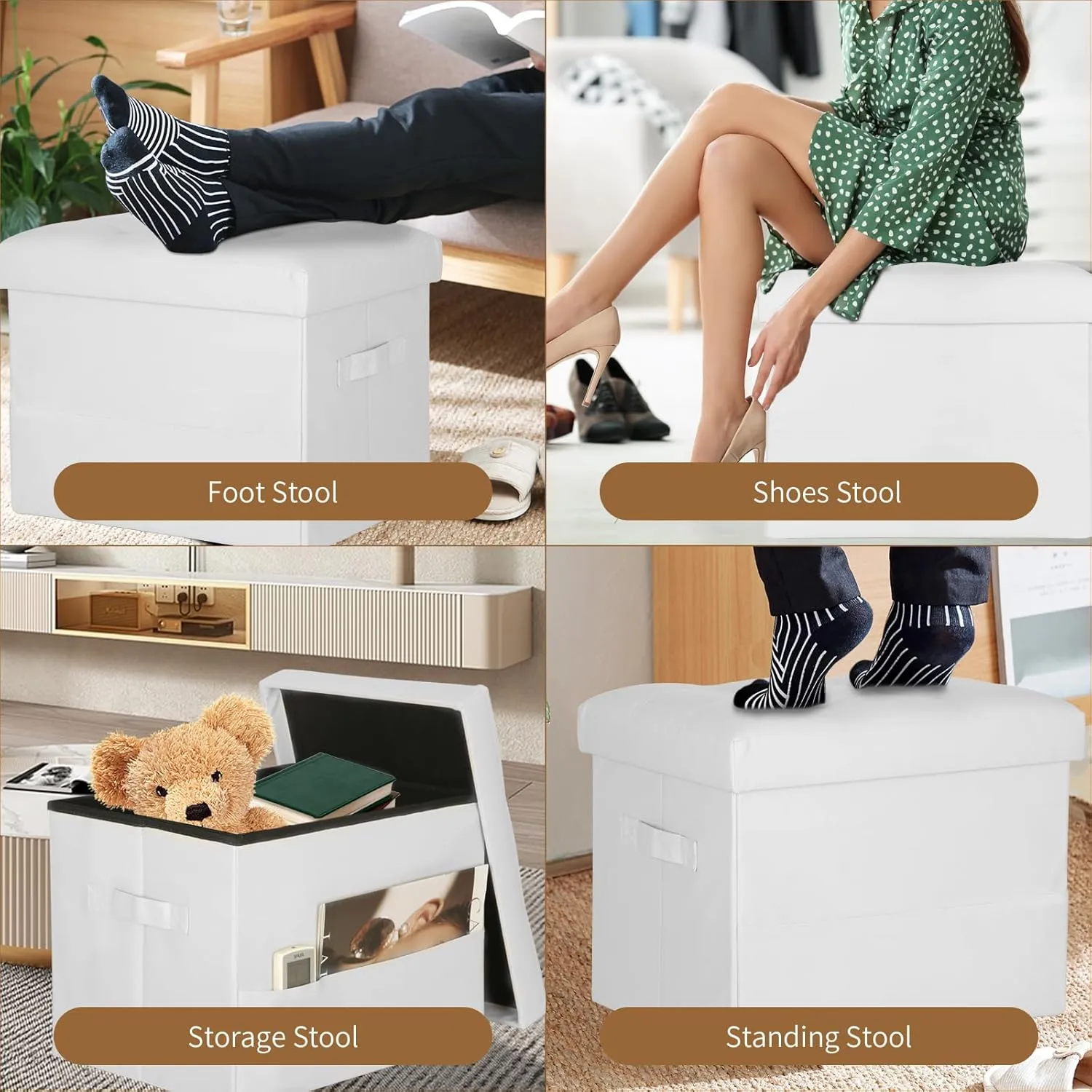 Ottoman with Storage. Leather Foldable Ottomans with Thick Foam Padded Seat. Foot Rest Stool Storage for Living Room and Bedroom. Side Pockets and Handles Designed. 17x13x13in, White