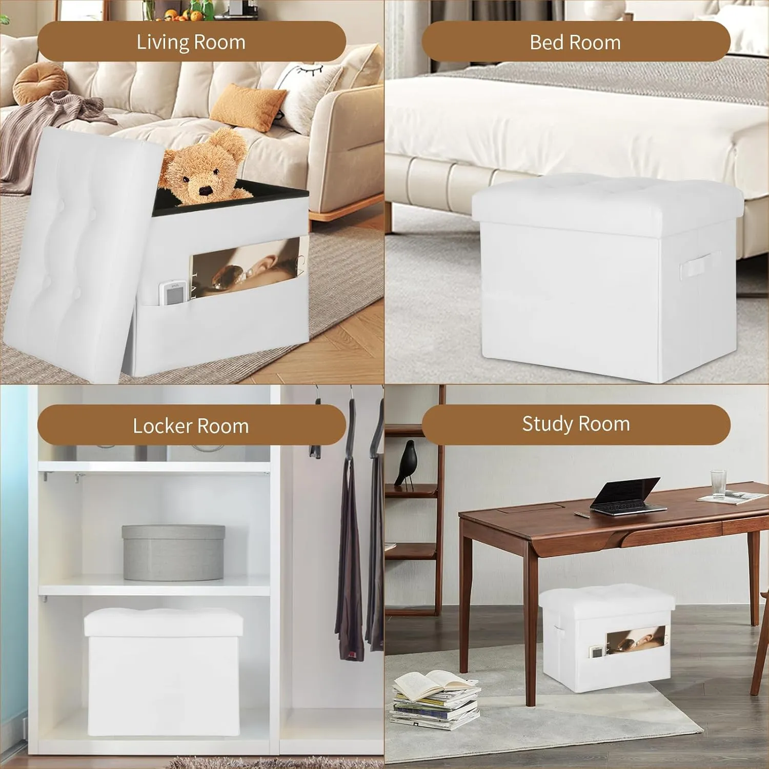 Ottoman with Storage. Leather Foldable Ottomans with Thick Foam Padded Seat. Foot Rest Stool Storage for Living Room and Bedroom. Side Pockets and Handles Designed. 17x13x13in, White