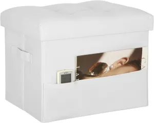 Ottoman with Storage. Leather Foldable Ottomans with Thick Foam Padded Seat. Foot Rest Stool Storage for Living Room and Bedroom. Side Pockets and Handles Designed. 17x13x13in, White