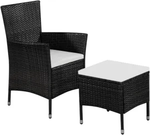 Outdoor Patio Chair and Stool Set with Cushions PE Rattan Black 2-Piece Garden Furniture for Dining Beach Camping