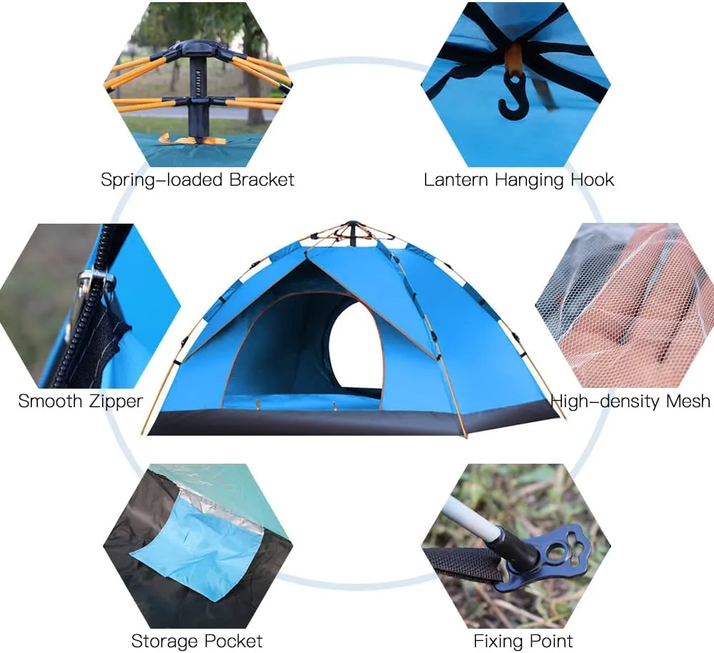 Outdoor Pop Up Tent Water-Resistant Portable Camping Tent for 1-2/3-4 People Family Tent (Dark Green for 3)
