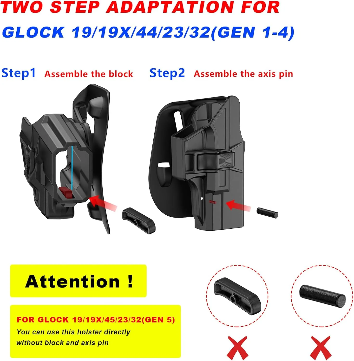 OWB Holster Compatible with Glock 19 19X 44 45 (Gen 1-5), Glock 23/32 (Gen 3-4), Tactical Outside Waistband Paddle Open Carry Belt Custom-Molded Gun Holster, Right-Handed