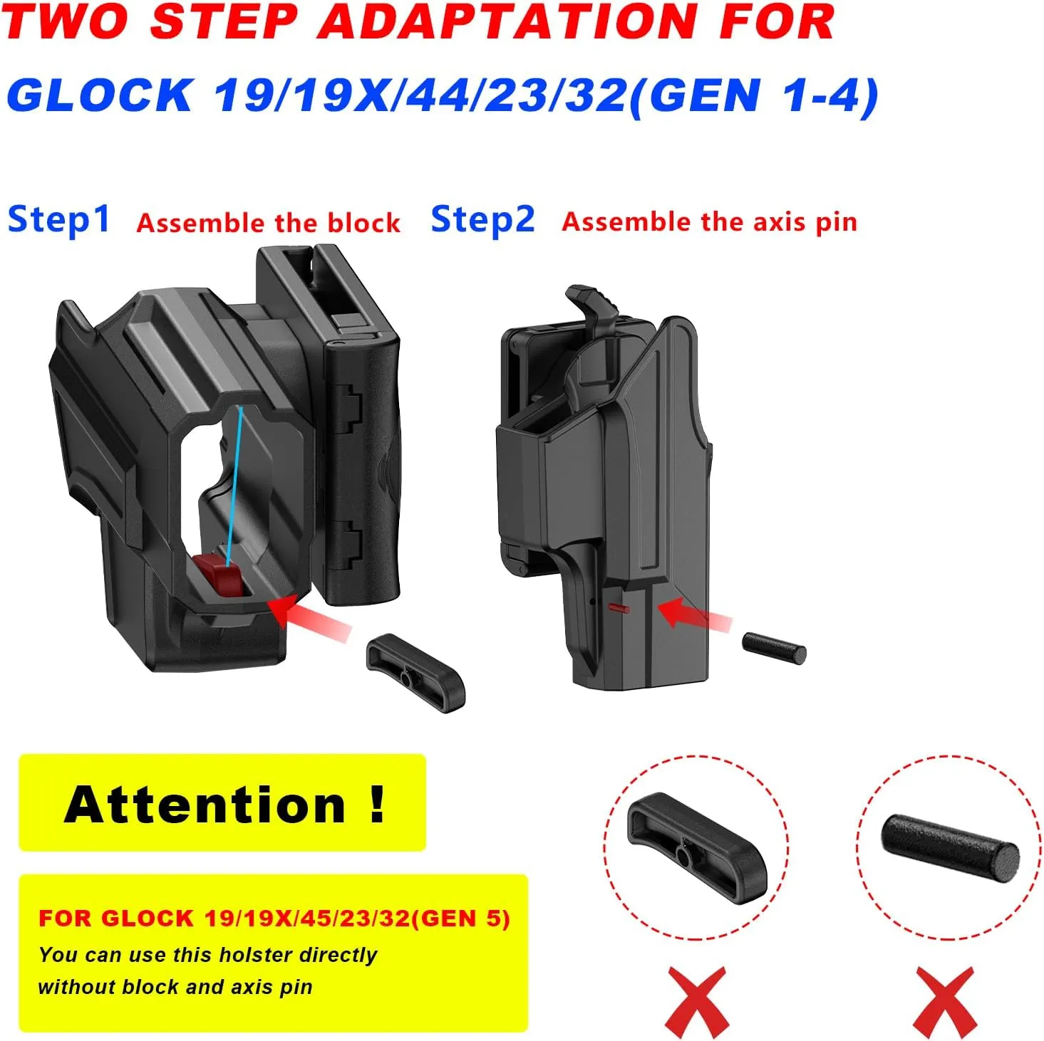OWB Holster Compatible with Glock 19 19X 44 45 (Gen 1-5), Glock 23/32 (Gen 3-4), Tactical Outside Waistband Paddle Open Carry Belt Custom-Molded Gun Holster, Right-Handed