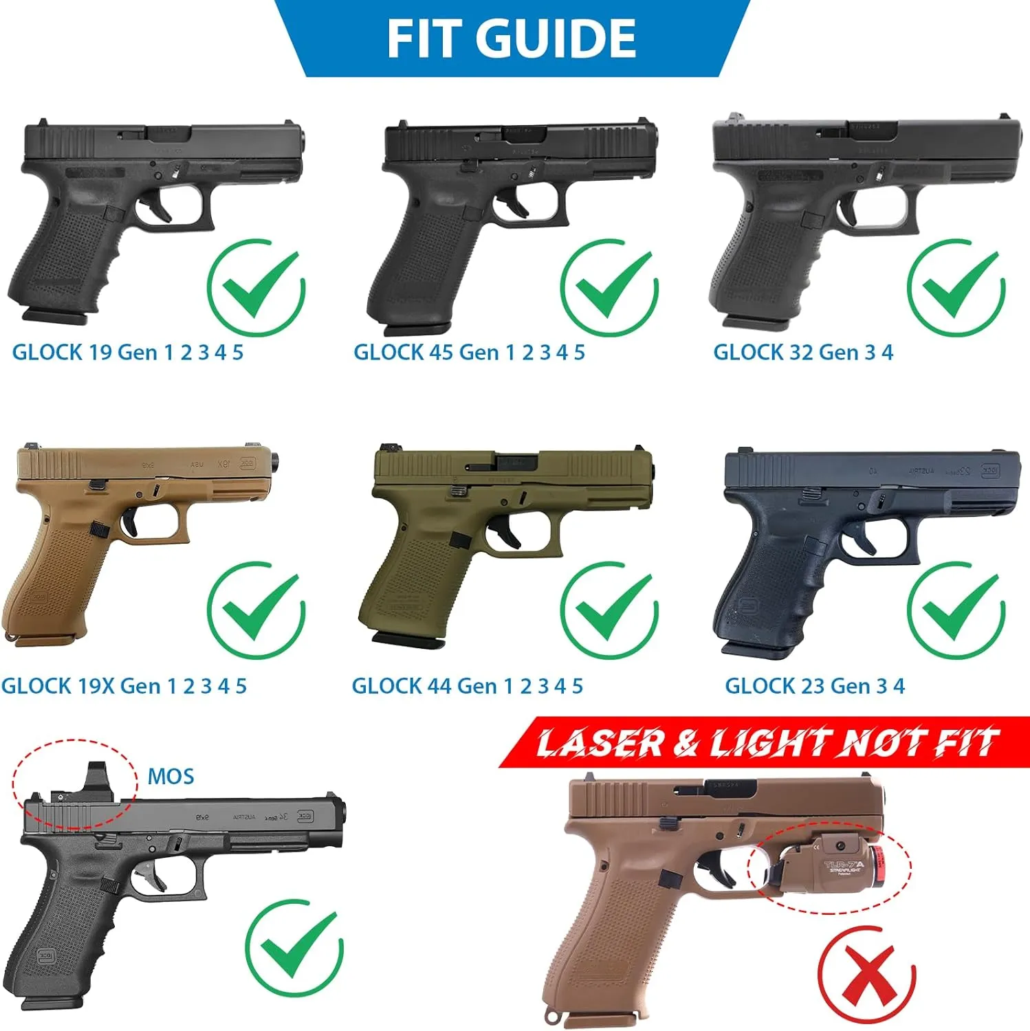 OWB Holster Compatible with Glock 19 19X 44 45 (Gen 1-5), Glock 23/32 (Gen 3-4), Tactical Outside Waistband Paddle Open Carry Belt Custom-Molded Gun Holster, Right-Handed