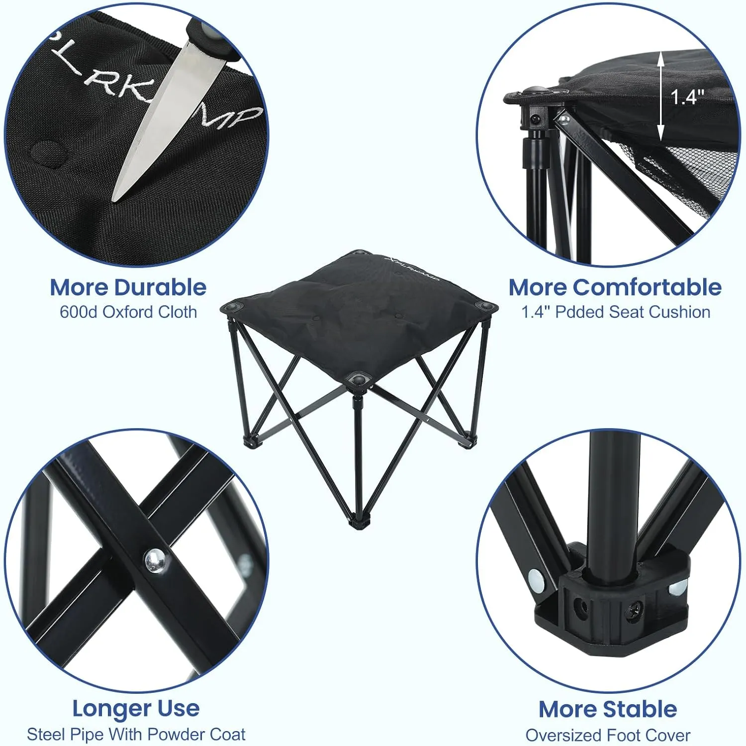 Padded Camping Stool, 18 Inch Oversized Camping Foot Rest, 500lb Camping Chairs Outdoor Footstool Portable Camping Ottoman for Camping Gardening Fishing w/Storage Net Carry Bag (1, Black)
