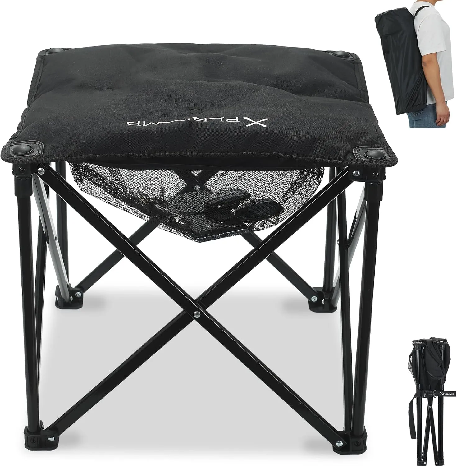 Padded Camping Stool, 18 Inch Oversized Camping Foot Rest, 500lb Camping Chairs Outdoor Footstool Portable Camping Ottoman for Camping Gardening Fishing w/Storage Net Carry Bag (1, Black)