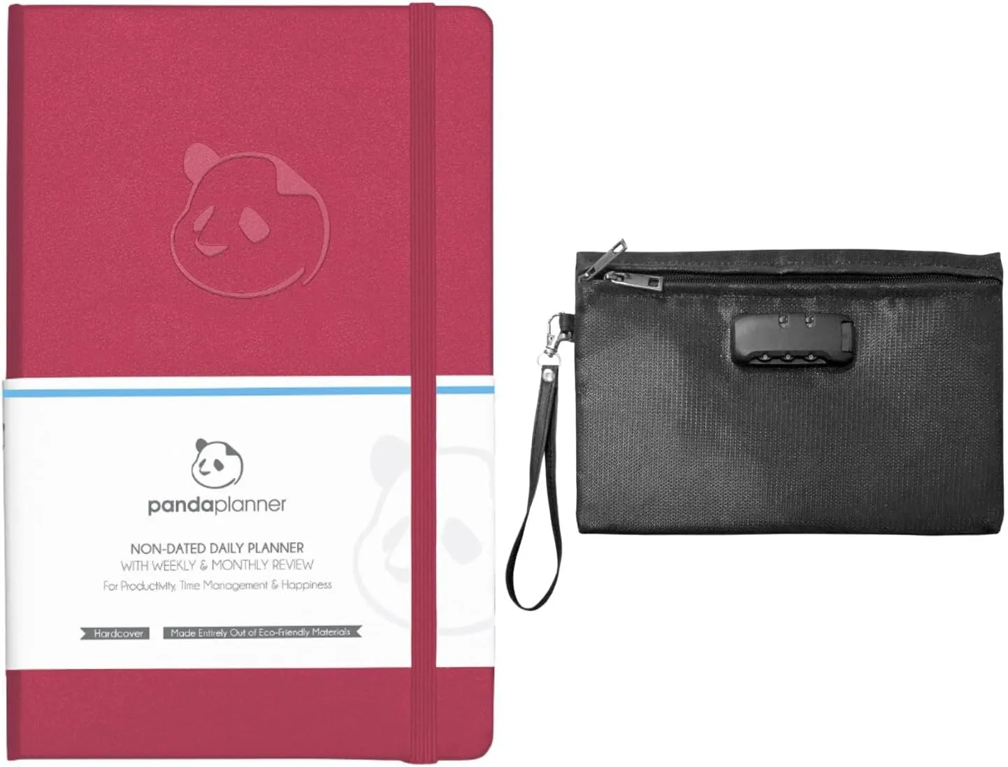 Panda Planner: 90-Day Undated Daily Planner - Boost Productivity, Set Goals & Manage Time - Increase Happiness With A Focus On Gratitude - Hardcover - Raspberry with Locking Bag