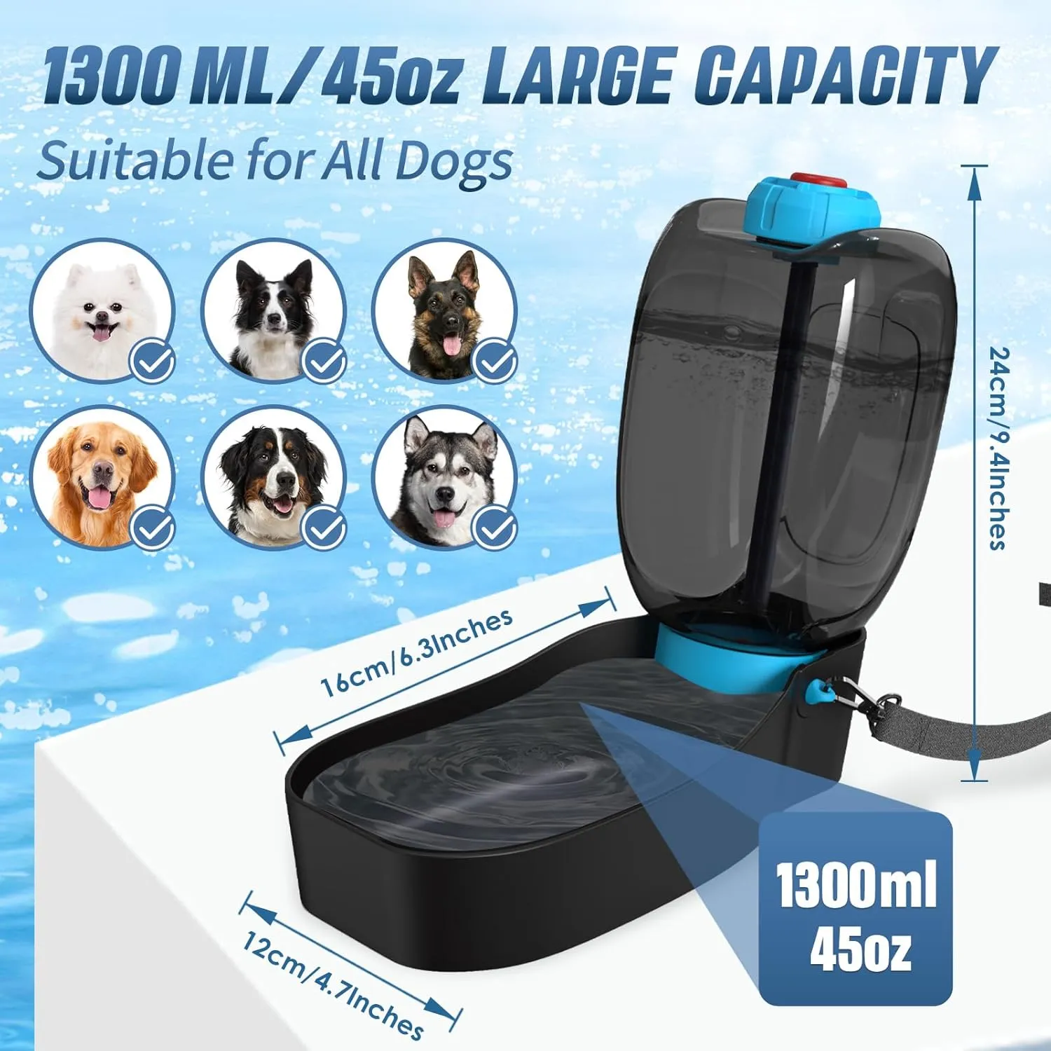 Patented 45oz Dog Water Bottle Dispenser, Leak-Proof Travel Bowl for Dog Park & Beach, BPA Free