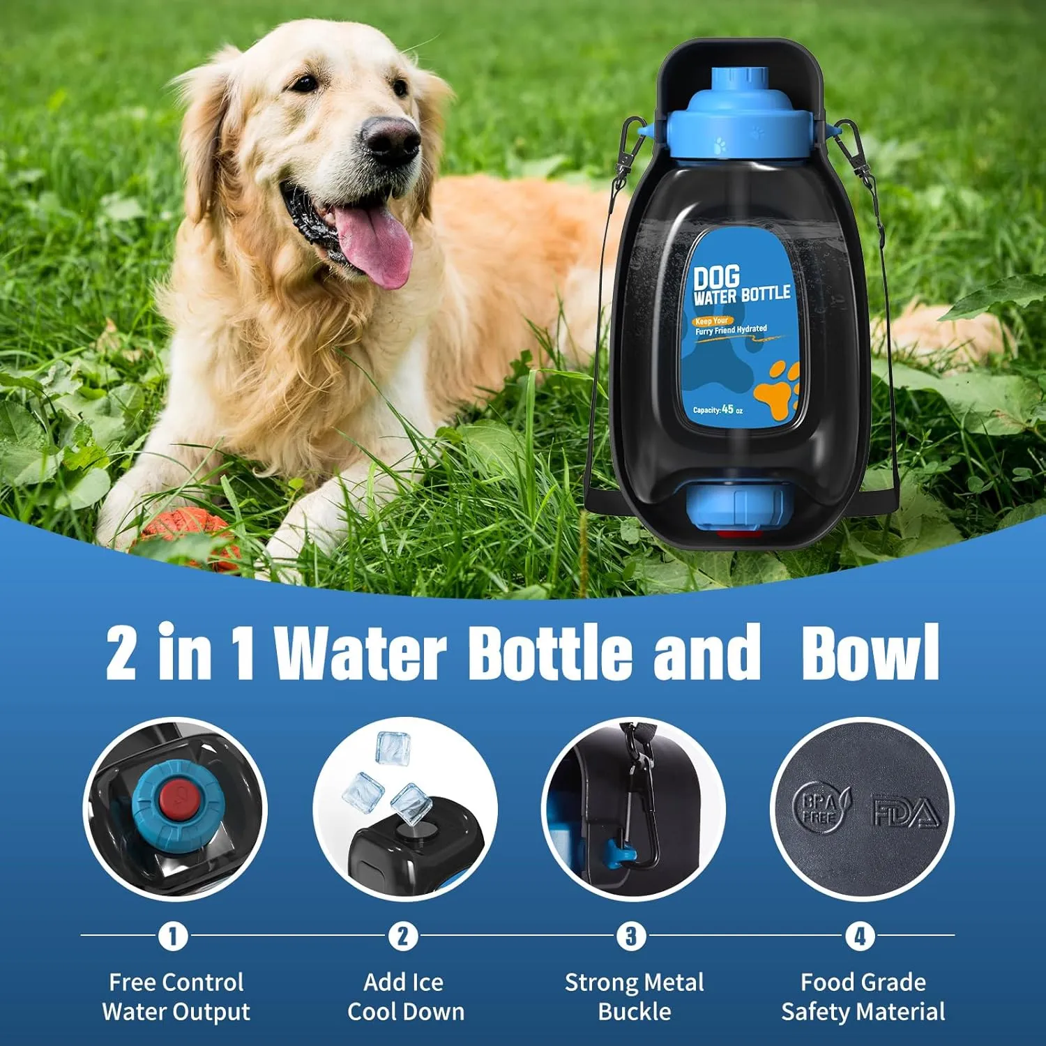 Patented 45oz Dog Water Bottle Dispenser, Leak-Proof Travel Bowl for Dog Park & Beach, BPA Free