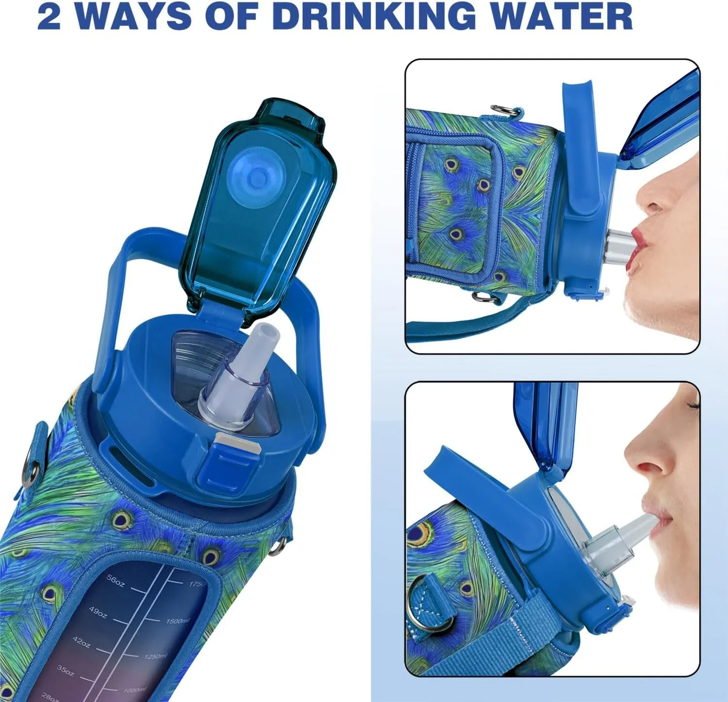 Peacock Gifts for Women, Peacock Water Bottle Half Gallon Water Bottle with Time Marker, Sports Gym Water Bottles for Women BPA Free Half Gallon Water Jugs Motivational Water Bottles 64 oz