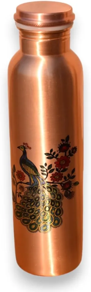 Peacock Print Copper Water Bottle - Ayurvedic Benefits, Leak-Proof, Handcrafted, Lacquer Coating for Durability | Copper Bottle 950 ML Capacity