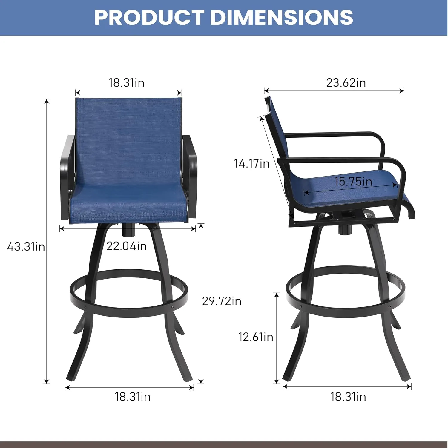 Pellebant 30" Swivel Outdoor Bar Stools, 2 Pcs Aluminum Bar Height Stool Chairs with Textilene Fabric, Rust-Proof Tall Barstools for Patio, Pool, Garden, Navy Blue