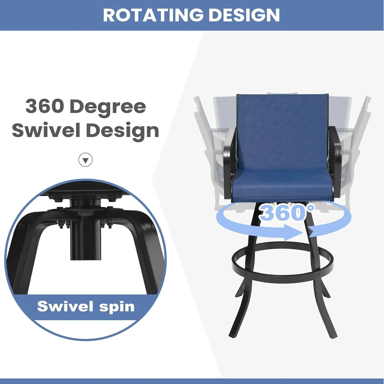 Pellebant 30" Swivel Outdoor Bar Stools, 2 Pcs Aluminum Bar Height Stool Chairs with Textilene Fabric, Rust-Proof Tall Barstools for Patio, Pool, Garden, Navy Blue