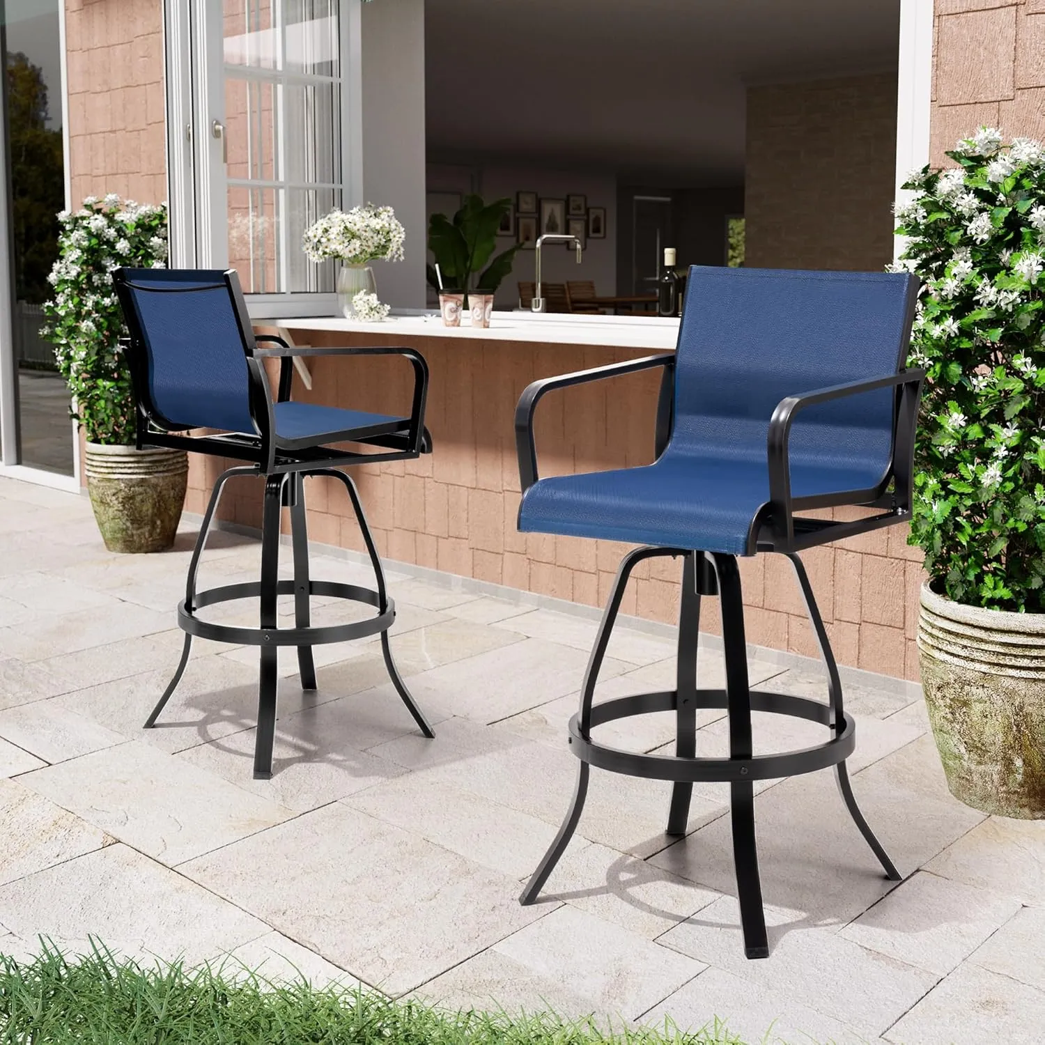 Pellebant 30" Swivel Outdoor Bar Stools, 2 Pcs Aluminum Bar Height Stool Chairs with Textilene Fabric, Rust-Proof Tall Barstools for Patio, Pool, Garden, Navy Blue