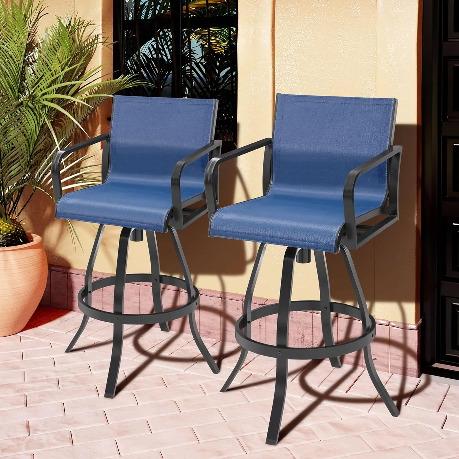 Pellebant 30" Swivel Outdoor Bar Stools, 2 Pcs Aluminum Bar Height Stool Chairs with Textilene Fabric, Rust-Proof Tall Barstools for Patio, Pool, Garden, Navy Blue