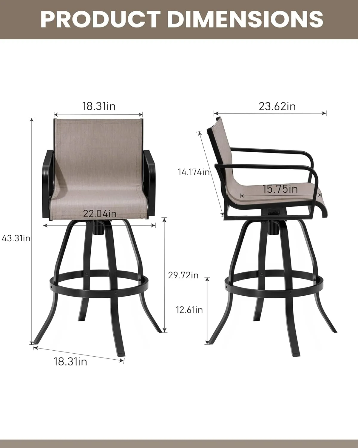 Pellebant Outdoor Swivel Bar Stools Set of 2, 30" Swivel Patio Bar Height Chairs with Sunbrella Fabric & Aluminum Frame, All Weather Furniture for Patio, Pool, Garden, Backyard, Augustine Ashe