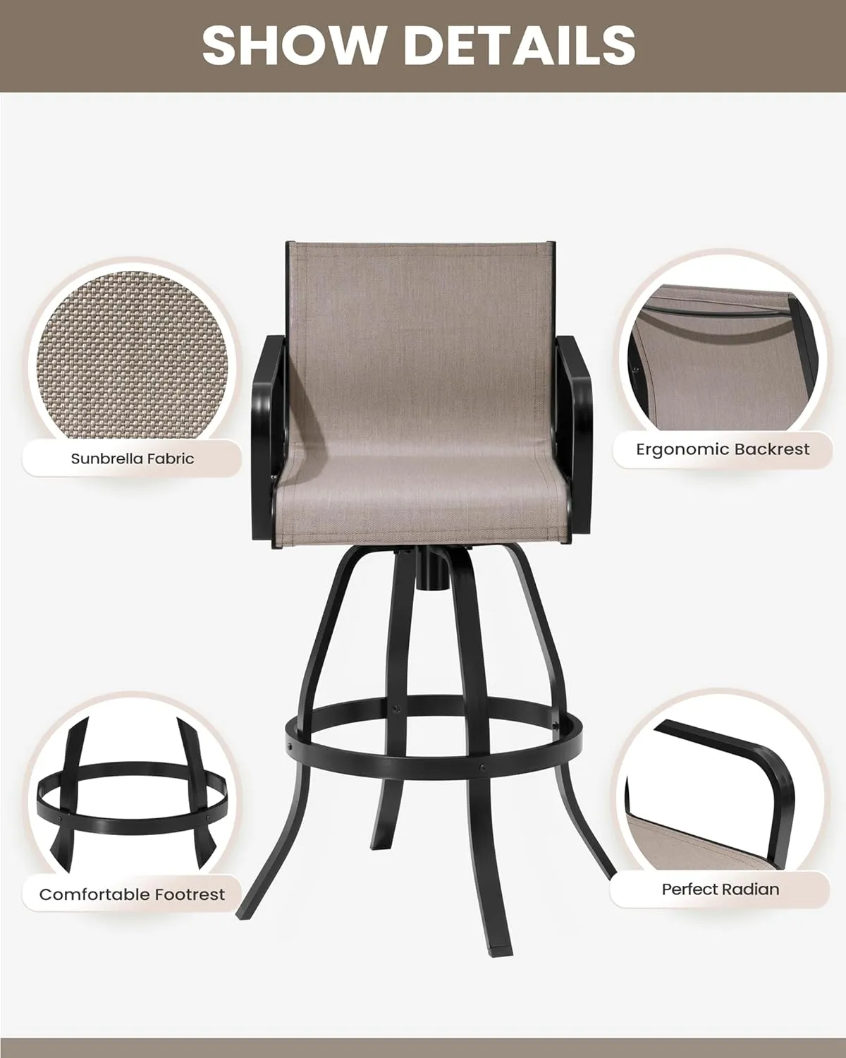 Pellebant Outdoor Swivel Bar Stools Set of 2, 30" Swivel Patio Bar Height Chairs with Sunbrella Fabric & Aluminum Frame, All Weather Furniture for Patio, Pool, Garden, Backyard, Augustine Ashe