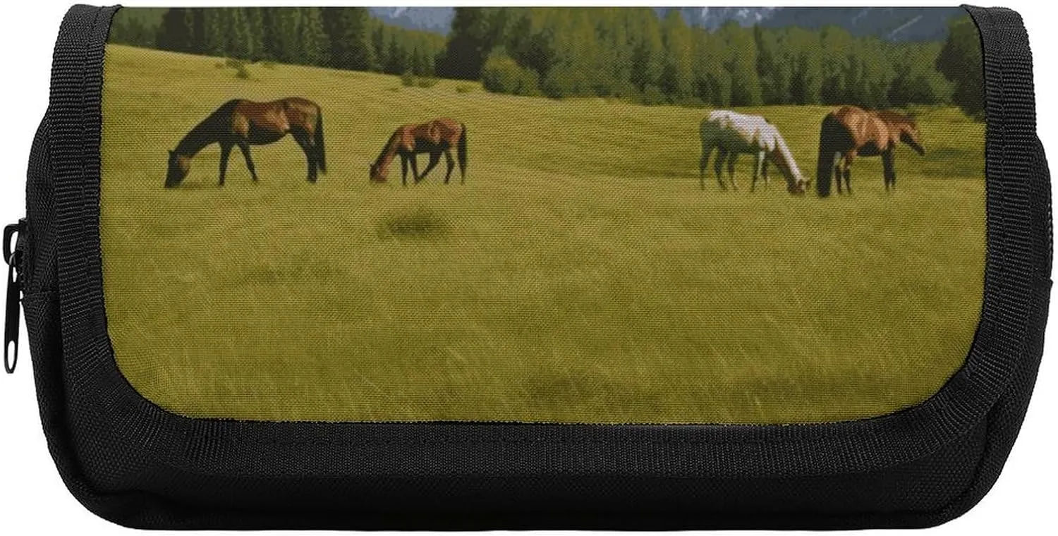 Pencil Bag Portable Pencil Bag Multifunctional Pencil Pouch Mountain Pasture Grazing Horses Printed Pencil Case Holder Box Organizer for Office Painting And Business Trip Use