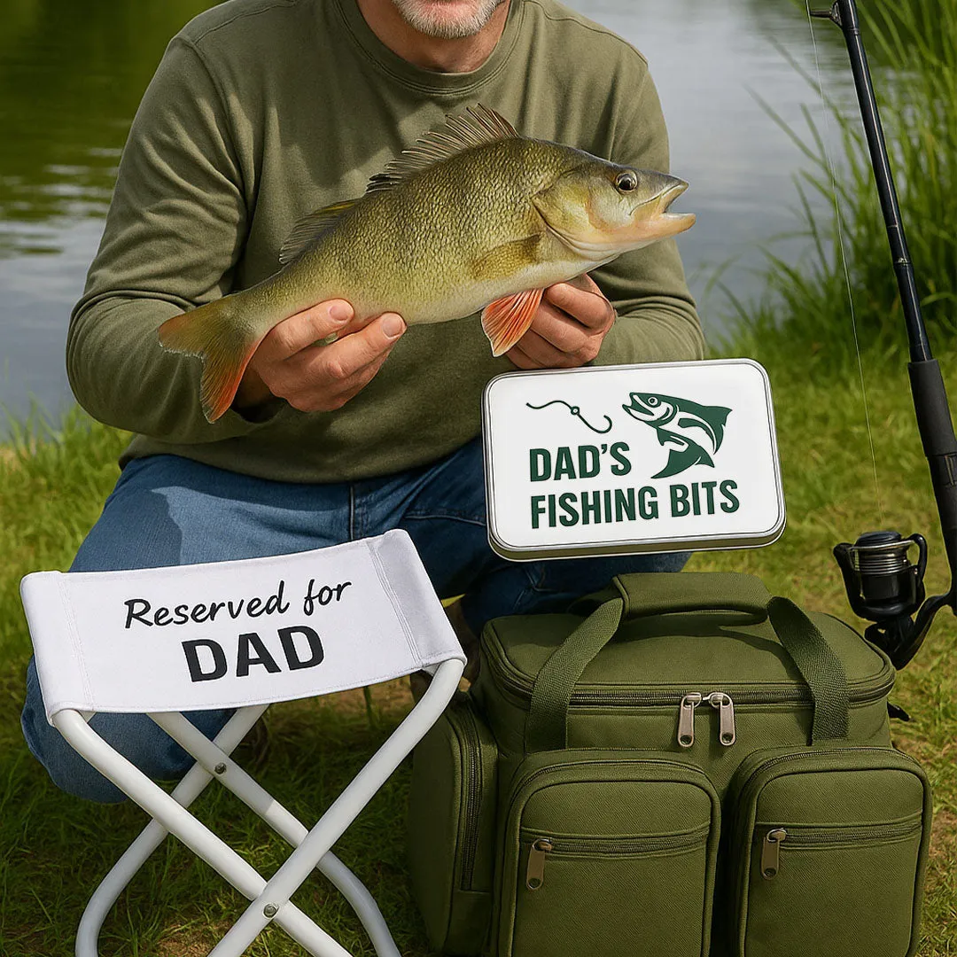 Personalised Fishing Gift Set with Bag, Bait Tin & White Stool