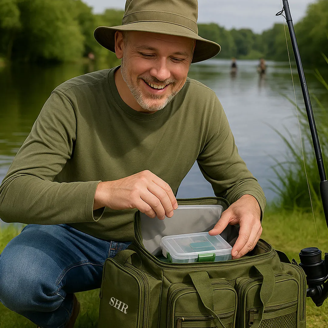 Personalised Fishing Gift Set with Bag, Bait Tin & White Stool