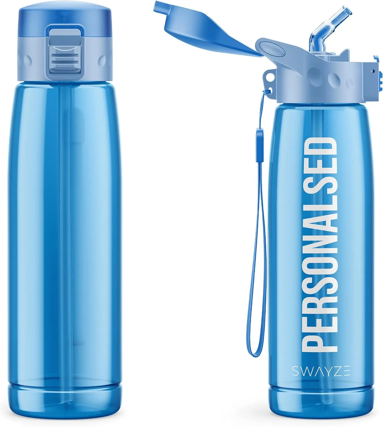 Personalised Water Bottle With Straw 660ml, School Water Bottles Boys Girls, Gym Bottle BPA Free Cycling Sports Add Your Custom Text To Bottle (Blue - Personalized)