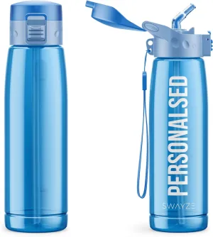 Personalised Water Bottle With Straw 660ml, School Water Bottles Boys Girls, Gym Bottle BPA Free Cycling Sports Add Your Custom Text To Bottle (Blue - Personalized)