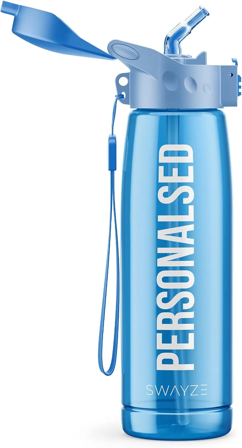 Personalised Water Bottle With Straw 660ml, School Water Bottles Boys Girls, Gym Bottle BPA Free Cycling Sports Add Your Custom Text To Bottle (Blue - Personalized)