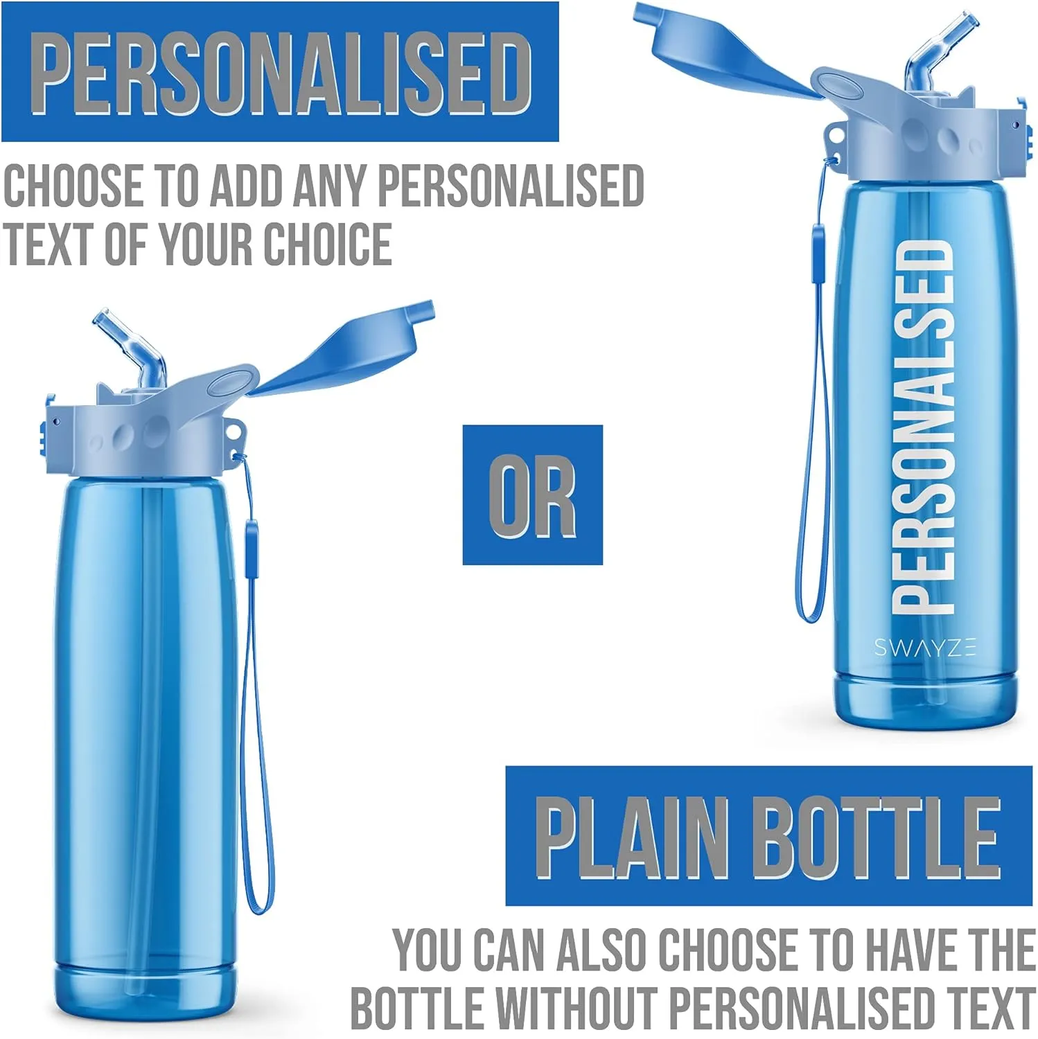 Personalised Water Bottle With Straw 660ml, School Water Bottles Boys Girls, Gym Bottle BPA Free Cycling Sports Add Your Custom Text To Bottle (Blue - Personalized)