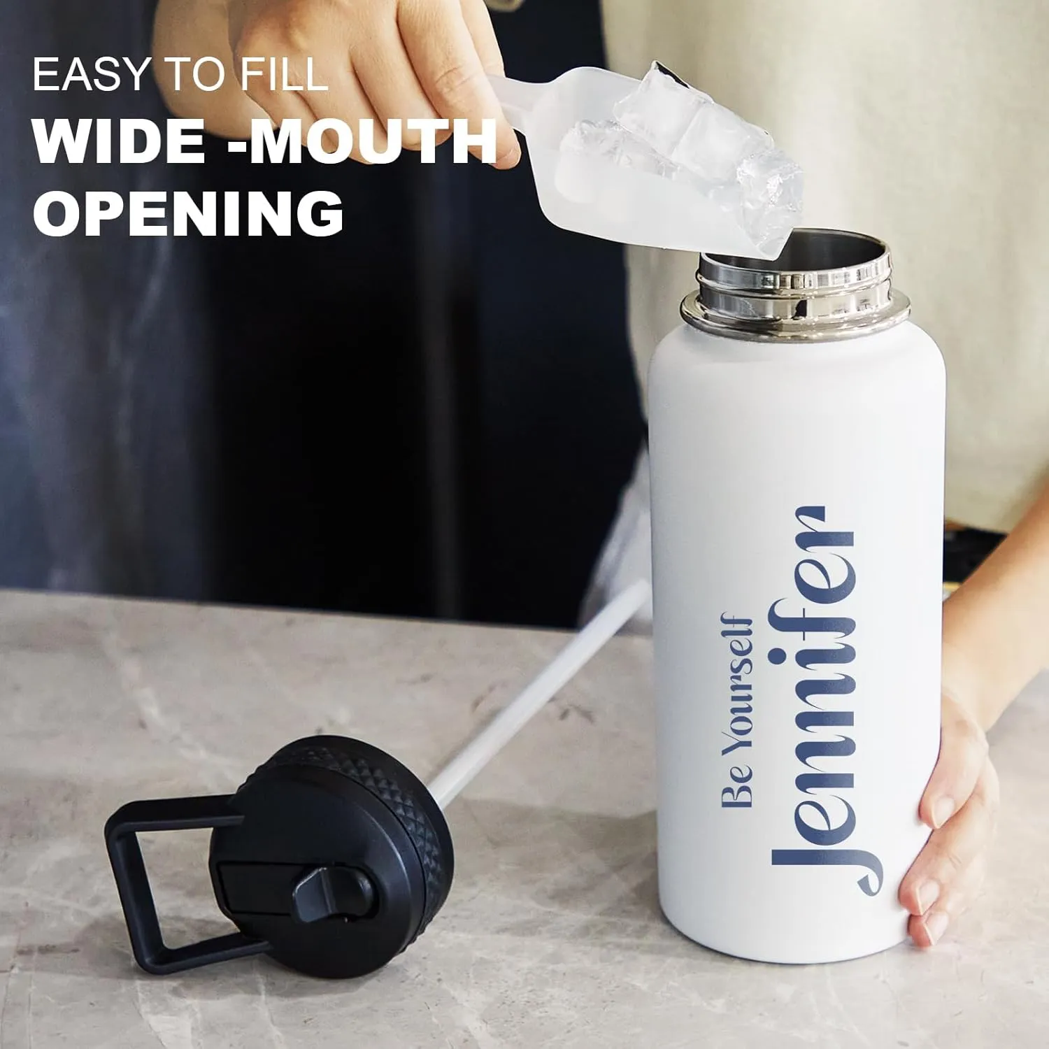 Personalized Custom Water Bottle with Text Photo Print in USA 32oz Double Wall Stainless Steel Leakproof Wide Mouth Cup with Flip Straw