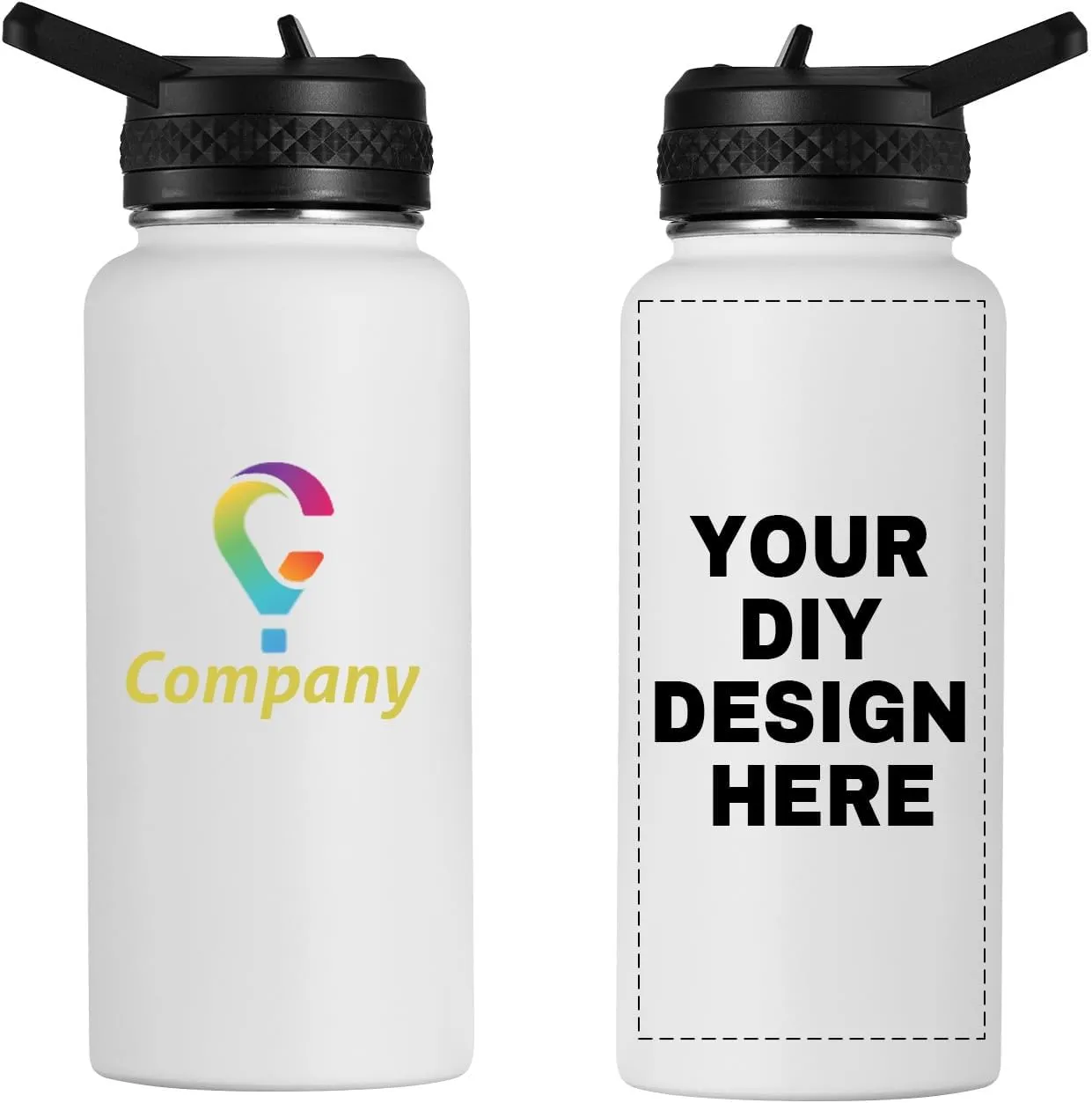 Personalized Custom Water Bottle with Text Photo Print in USA 32oz Double Wall Stainless Steel Leakproof Wide Mouth Cup with Flip Straw