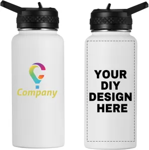 Personalized Custom Water Bottle with Text Photo Print in USA 32oz Double Wall Stainless Steel Leakproof Wide Mouth Cup with Flip Straw