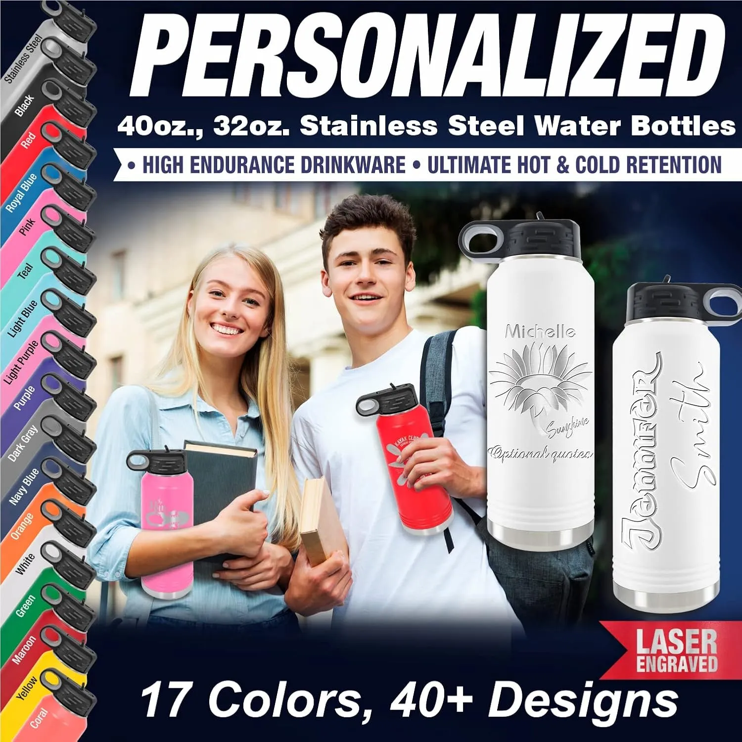 Personalized Water Bottles 40oz/32oz with Flip-Top Lid and Straw, Customized Insulated Water Flask, Stainless Steel Sports Thermos Tumblers, Gifts for Her, Name/Text Engraved by iProductsUS (White)