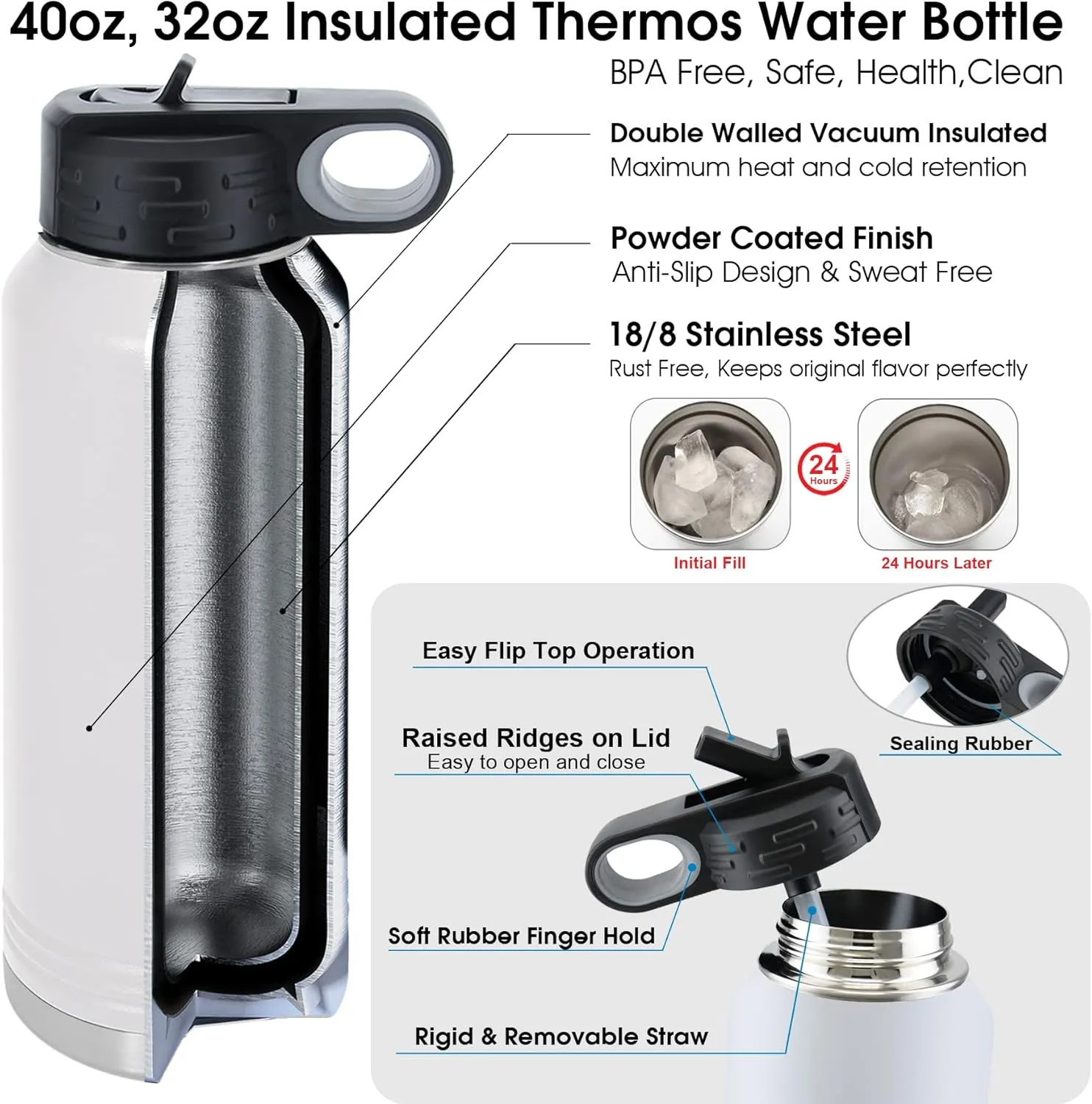 Personalized Water Bottles 40oz/32oz with Flip-Top Lid and Straw, Customized Insulated Water Flask, Stainless Steel Sports Thermos Tumblers, Gifts for Her, Name/Text Engraved by iProductsUS (White)