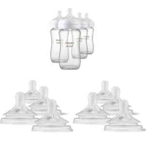 Philips AVENT Glass Natural Baby Bottles with Natural Response Nipples, Clear, 8oz, 4pk (SCY913/04)   Natural Response Baby Bottle Nipples Flow 2, 0M , 4pk (SCY962/04)   Natural Response Baby Bottle Nipples Flow 1, 4pk (SCY961/04)