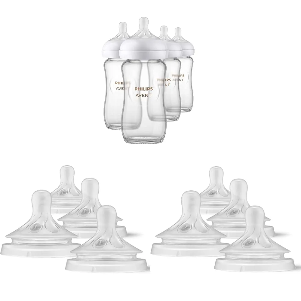 Philips AVENT Glass Natural Baby Bottles with Natural Response Nipples, Clear, 8oz, 4pk (SCY913/04)   Natural Response Baby Bottle Nipples Flow 2, 0M , 4pk (SCY962/04)   Natural Response Baby Bottle Nipples Flow 1, 4pk (SCY961/04)