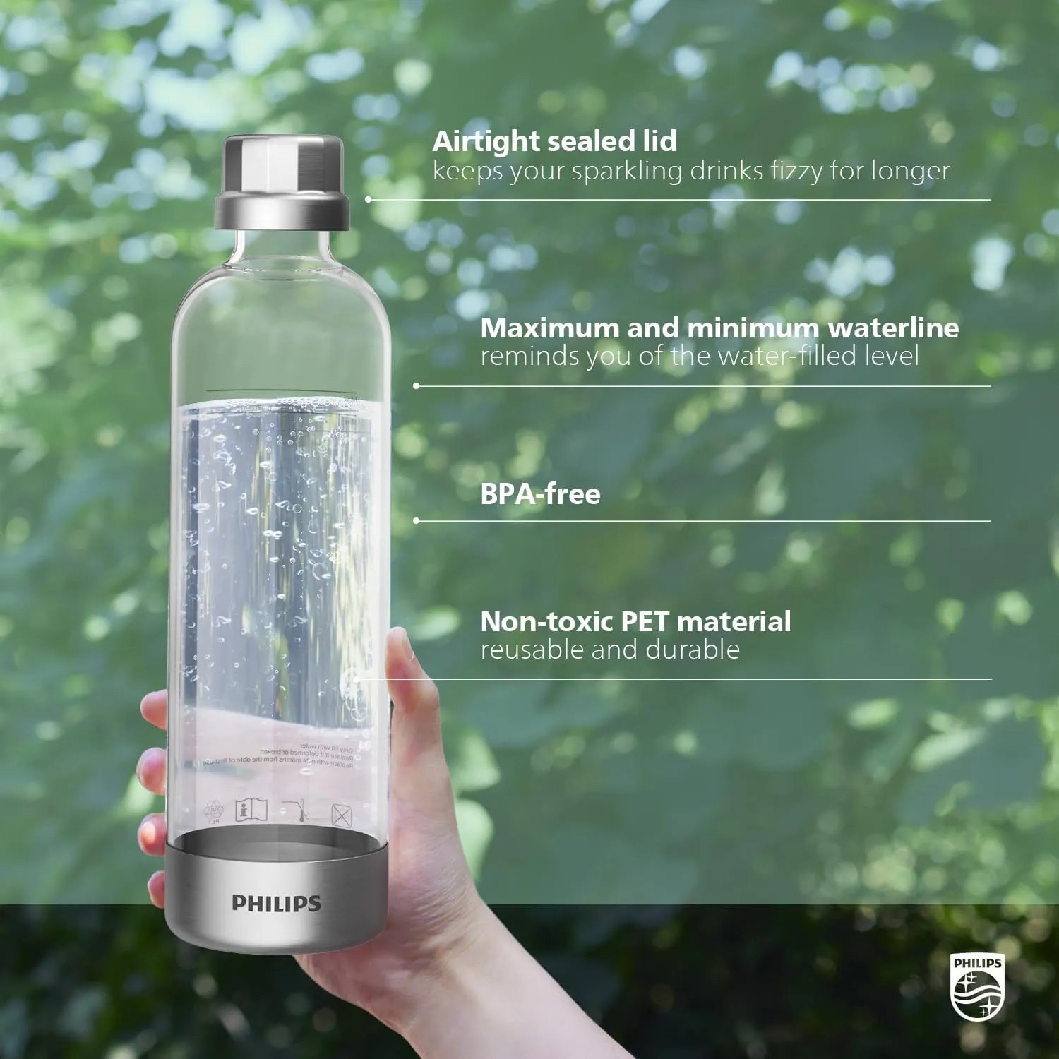 PHILIPS Carbonating Bottles ADD916/37, 1L Twin Pack Reusable PET Sparkling Water Bottles Compatible Sparkling Water Maker, 2 Pack for ADD4902BKOQ/37, ADD4902WHOQ/37 and ADD4901GROQ/37, ADD4901BKOQ/37