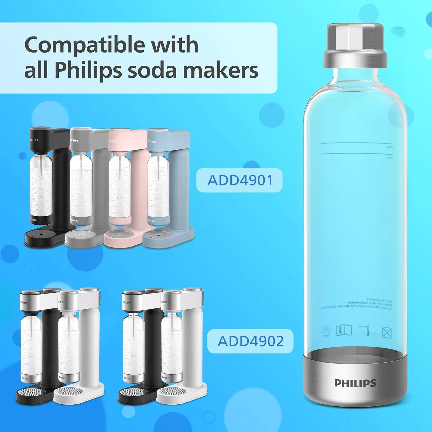 PHILIPS Carbonating Bottles ADD916/37, 1L Twin Pack Reusable PET Sparkling Water Bottles Compatible Sparkling Water Maker, 2 Pack for ADD4902BKOQ/37, ADD4902WHOQ/37 and ADD4901GROQ/37, ADD4901BKOQ/37