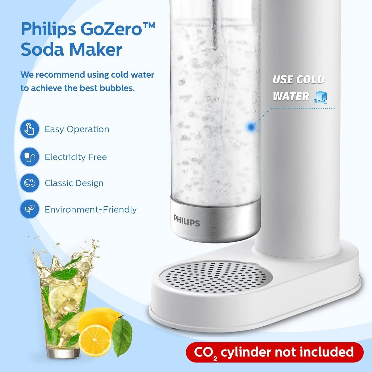 Philips Sparkling Water Maker, Soda Streaming Machine with Quick Twist Bottle, 1L BPA free PET Carbonating Bottle, Soda Maker Compatible with 60L CO2 Carbonator (NOT Included), ADD4902WHOQ/37